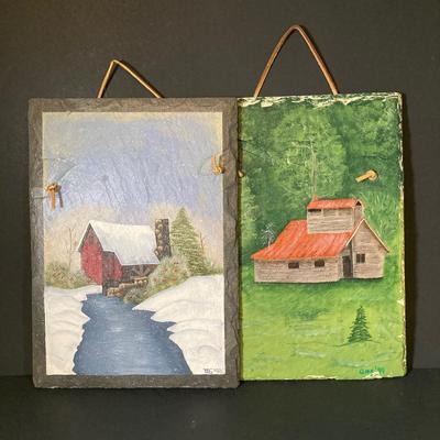 LOT 347: Pair of Slate Painted Landscape Wall Decor - Signed by Artist