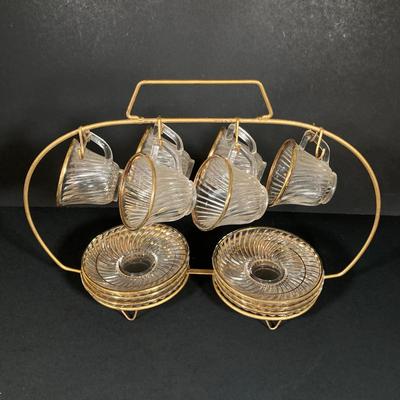 LOT 348: Vintage Glass w/Gold Trim Demitasse Set: Cups, Saucers, Dessert Plates and Holder