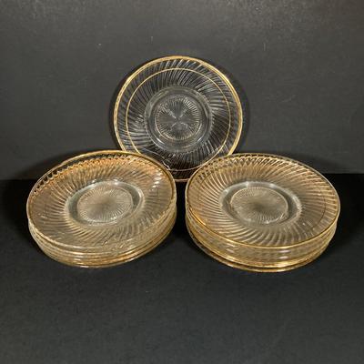 LOT 348: Vintage Glass w/Gold Trim Demitasse Set: Cups, Saucers, Dessert Plates and Holder