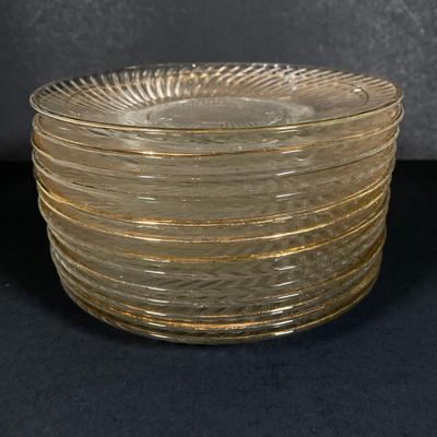 LOT 348: Vintage Glass w/Gold Trim Demitasse Set: Cups, Saucers, Dessert Plates and Holder