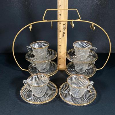LOT 348: Vintage Glass w/Gold Trim Demitasse Set: Cups, Saucers, Dessert Plates and Holder