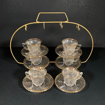 LOT 348: Vintage Glass w/Gold Trim Demitasse Set: Cups, Saucers, Dessert Plates and Holder