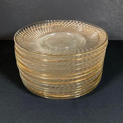 LOT 348: Vintage Glass w/Gold Trim Demitasse Set: Cups, Saucers, Dessert Plates and Holder