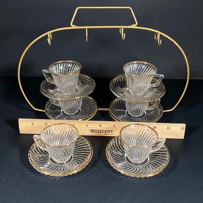 LOT 348: Vintage Glass w/Gold Trim Demitasse Set: Cups, Saucers, Dessert Plates and Holder