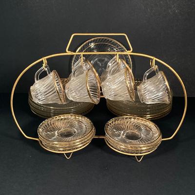 LOT 348: Vintage Glass w/Gold Trim Demitasse Set: Cups, Saucers, Dessert Plates and Holder