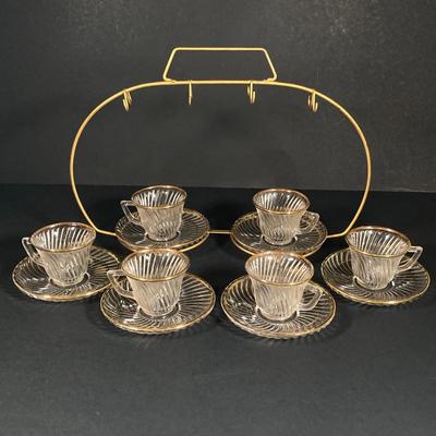 LOT 348: Vintage Glass w/Gold Trim Demitasse Set: Cups, Saucers, Dessert Plates and Holder