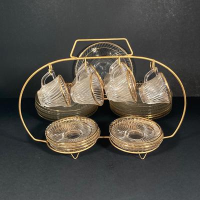 LOT 348: Vintage Glass w/Gold Trim Demitasse Set: Cups, Saucers, Dessert Plates and Holder