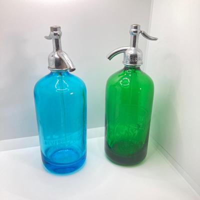 LOT 354: Pair of Vintage Excelsior Colored Glass Selzer Water Beverage Bottles - Veteran's Beverage Service Newark, NJ and Victoria...
