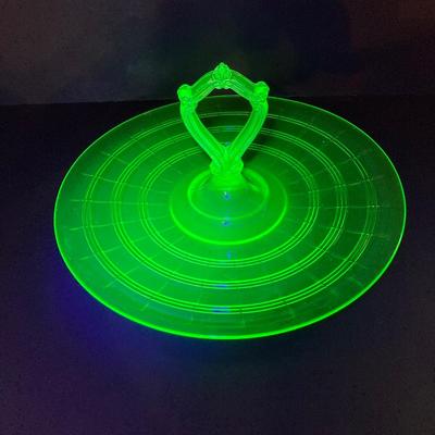 LOT 357: Collection of Vintage Uranium Glass - Frosted Vase, Flower Frog, Handled Plate and Decorative Plate