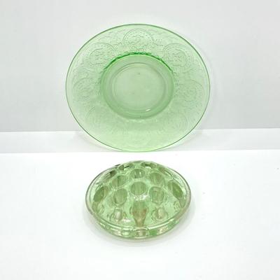 LOT 357: Collection of Vintage Uranium Glass - Frosted Vase, Flower Frog, Handled Plate and Decorative Plate