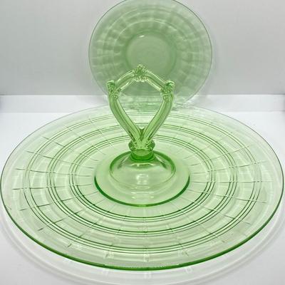 LOT 357: Collection of Vintage Uranium Glass - Frosted Vase, Flower Frog, Handled Plate and Decorative Plate