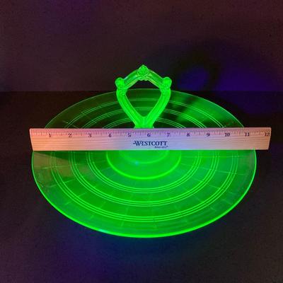 LOT 357: Collection of Vintage Uranium Glass - Frosted Vase, Flower Frog, Handled Plate and Decorative Plate