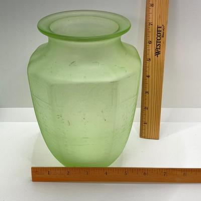 LOT 357: Collection of Vintage Uranium Glass - Frosted Vase, Flower Frog, Handled Plate and Decorative Plate