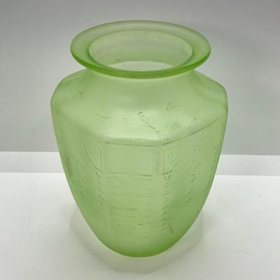 LOT 357: Collection of Vintage Uranium Glass - Frosted Vase, Flower Frog, Handled Plate and Decorative Plate