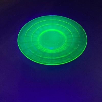 LOT 357: Collection of Vintage Uranium Glass - Frosted Vase, Flower Frog, Handled Plate and Decorative Plate