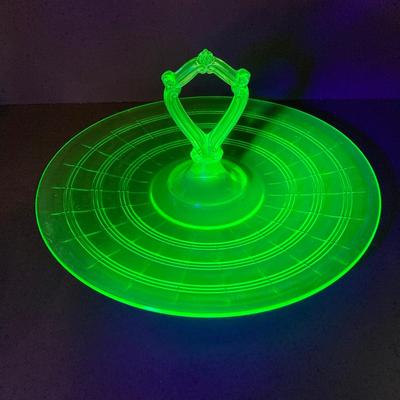 LOT 357: Collection of Vintage Uranium Glass - Frosted Vase, Flower Frog, Handled Plate and Decorative Plate