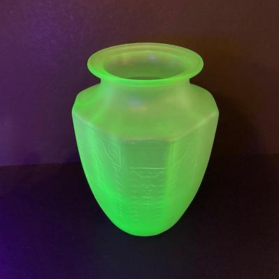 LOT 357: Collection of Vintage Uranium Glass - Frosted Vase, Flower Frog, Handled Plate and Decorative Plate