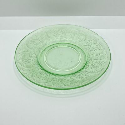LOT 357: Collection of Vintage Uranium Glass - Frosted Vase, Flower Frog, Handled Plate and Decorative Plate