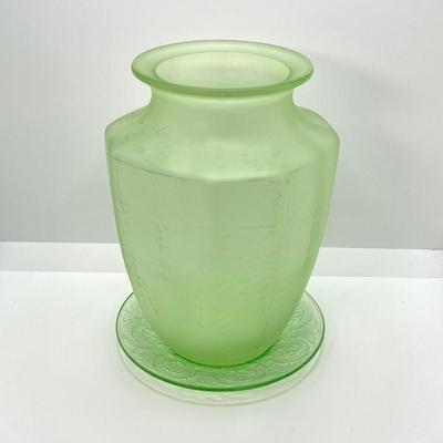 LOT 357: Collection of Vintage Uranium Glass - Frosted Vase, Flower Frog, Handled Plate and Decorative Plate
