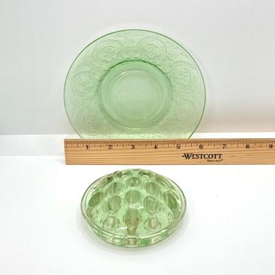 LOT 357: Collection of Vintage Uranium Glass - Frosted Vase, Flower Frog, Handled Plate and Decorative Plate