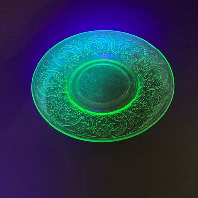 LOT 357: Collection of Vintage Uranium Glass - Frosted Vase, Flower Frog, Handled Plate and Decorative Plate