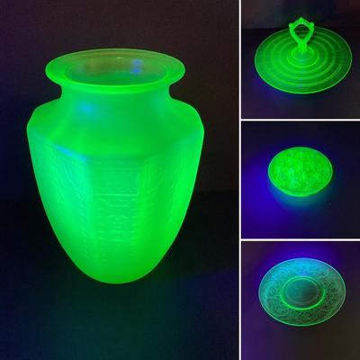 LOT 357: Collection of Vintage Uranium Glass - Frosted Vase, Flower Frog, Handled Plate and Decorative Plate