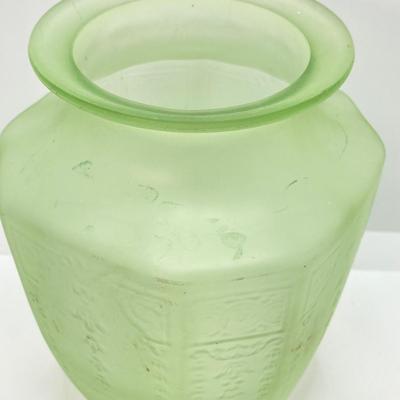 LOT 357: Collection of Vintage Uranium Glass - Frosted Vase, Flower Frog, Handled Plate and Decorative Plate