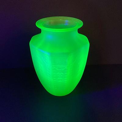 LOT 357: Collection of Vintage Uranium Glass - Frosted Vase, Flower Frog, Handled Plate and Decorative Plate