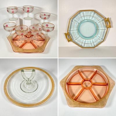 LOT 358: Collection of Beautiful Gold Trim Serving Ware - Serving Plates and Glasses