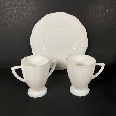LOT 359: Sweet Collection of Hazel Atlas Small Tea Cups / Saucers with Milk Glass Cream / Sugar and Plates