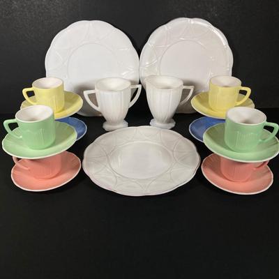 LOT 359: Sweet Collection of Hazel Atlas Small Tea Cups / Saucers with Milk Glass Cream / Sugar and Plates