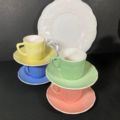 LOT 359: Sweet Collection of Hazel Atlas Small Tea Cups / Saucers with Milk Glass Cream / Sugar and Plates
