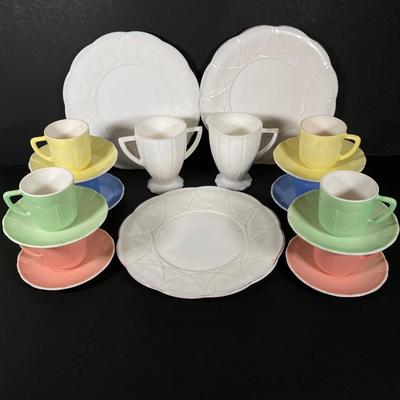 LOT 359: Sweet Collection of Hazel Atlas Small Tea Cups / Saucers with Milk Glass Cream / Sugar and Plates
