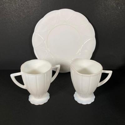 LOT 359: Sweet Collection of Hazel Atlas Small Tea Cups / Saucers with Milk Glass Cream / Sugar and Plates