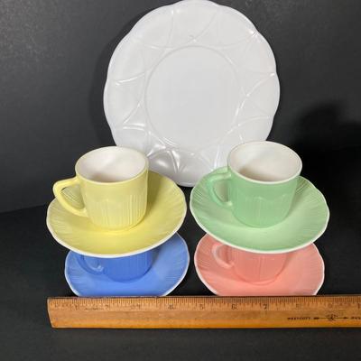 LOT 359: Sweet Collection of Hazel Atlas Small Tea Cups / Saucers with Milk Glass Cream / Sugar and Plates