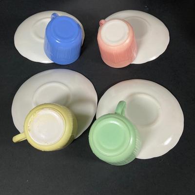 LOT 359: Sweet Collection of Hazel Atlas Small Tea Cups / Saucers with Milk Glass Cream / Sugar and Plates