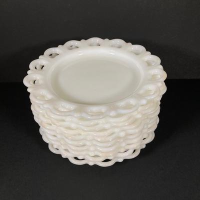 LOT 365: Pair of Westmoreland Milk Glass Candlestick Holders and Eleven Milk Glass Lace Edge Plates
