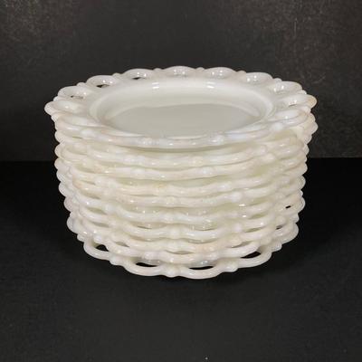 LOT 365: Pair of Westmoreland Milk Glass Candlestick Holders and Eleven Milk Glass Lace Edge Plates