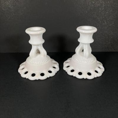 LOT 365: Pair of Westmoreland Milk Glass Candlestick Holders and Eleven Milk Glass Lace Edge Plates