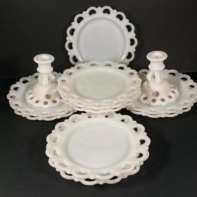 LOT 365: Pair of Westmoreland Milk Glass Candlestick Holders and Eleven Milk Glass Lace Edge Plates