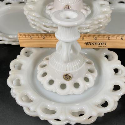 LOT 365: Pair of Westmoreland Milk Glass Candlestick Holders and Eleven Milk Glass Lace Edge Plates