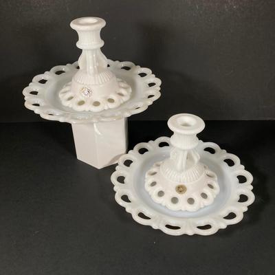 LOT 365: Pair of Westmoreland Milk Glass Candlestick Holders and Eleven Milk Glass Lace Edge Plates