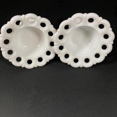 LOT 365: Pair of Westmoreland Milk Glass Candlestick Holders and Eleven Milk Glass Lace Edge Plates