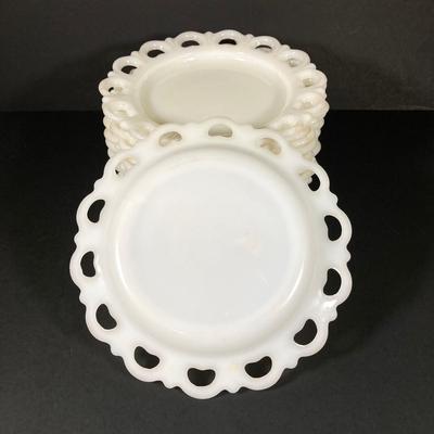 LOT 365: Pair of Westmoreland Milk Glass Candlestick Holders and Eleven Milk Glass Lace Edge Plates