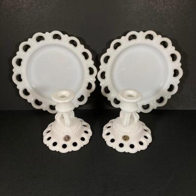 LOT 365: Pair of Westmoreland Milk Glass Candlestick Holders and Eleven Milk Glass Lace Edge Plates