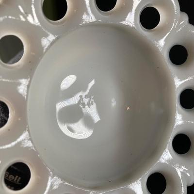 LOT 365: Pair of Westmoreland Milk Glass Candlestick Holders and Eleven Milk Glass Lace Edge Plates