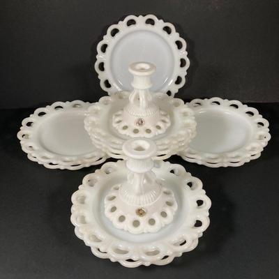 LOT 365: Pair of Westmoreland Milk Glass Candlestick Holders and Eleven Milk Glass Lace Edge Plates