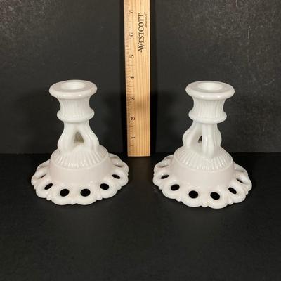LOT 365: Pair of Westmoreland Milk Glass Candlestick Holders and Eleven Milk Glass Lace Edge Plates