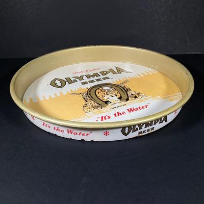 LOT 366: Vintage Olympia Beer and Ambassador Export Brewed Metal Beer Trays with German / Irish Mugs and More