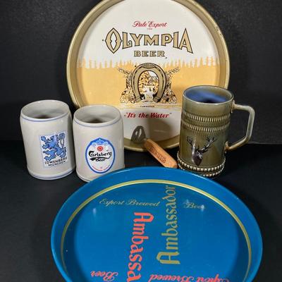 LOT 366: Vintage Olympia Beer and Ambassador Export Brewed Metal Beer Trays with German / Irish Mugs and More